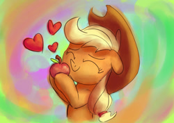 Size: 1280x905 | Tagged: safe, artist:aemantaslim, character:applejack, species:earth pony, species:pony, newbie artist training grounds, apple, atg 2017, clothing, cowboy hat, cute, eyes closed, female, floating heart, floppy ears, hat, heart, jackabetes, solo, that pony sure does love apples