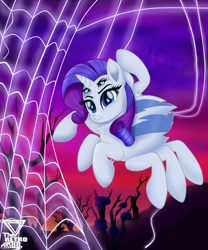 Size: 3990x4788 | Tagged: safe, artist:theretroart88, character:rarity, female, four eyes, halloween, holiday, horn, monster pony, multiple eyes, original species, rarirachnid, smiling, solo, species swap, spidarity, spider web, spiderpony, spiderponyrarity