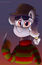 Size: 1250x1920 | Tagged: safe, artist:perezadotarts, oc, species:earth pony, species:pony, blades, clothing, costume, fanart, freddy krueger, halloween, halloween costume, hat, holiday, looking at you, nightmare on elm street, photo, request, simple background, solo, sunglasses, sweater