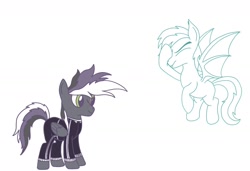Size: 1456x994 | Tagged: safe, artist:cosmiceclipsed, derpibooru original, oc, oc only, oc:silver eclipse, oc:zipper, species:bat pony, species:pegasus, species:pony, annoyed, bat pony oc, bat wings, ear fluff, facehoof, fangs, flying, male, membranous wings, muted color, pegasus oc, pegasus wings, simple background, stallion, tracksuit, wings