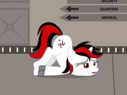 Size: 2046x1536 | Tagged: safe, artist:draymanor57, oc, oc only, oc:blackjack, species:pony, species:unicorn, fallout equestria, fallout equestria: project horizons, cuffed, cuffs, description is relevant, fanfic art, hallway, solo, stable