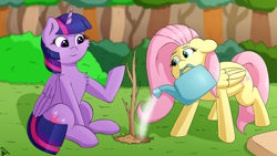 Size: 1920x1080 | Tagged: safe, artist:h3nger, character:fluttershy, character:twilight sparkle, character:twilight sparkle (alicorn), species:alicorn, species:pegasus, species:pony, cutie mark, horn, outdoors, sapling, sitting, tree, watering can, wings