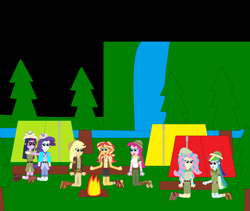 Size: 5784x4872 | Tagged: safe, artist:eli-j-brony, character:applejack, character:fluttershy, character:pinkie pie, character:rainbow dash, character:rarity, character:sunset shimmer, character:twilight sparkle, character:twilight sparkle (scitwi), species:eqg human, my little pony:equestria girls, campfire, camping, clothing, explorer outfit, food, hat, humane five, humane seven, humane six, marshmallow, mushroom, pith helmet, tents, waterfall