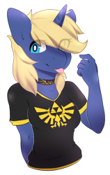 Size: 1186x1879 | Tagged: safe, artist:pomrawr, oc, oc only, oc:glitch sketch, species:anthro, beckoning, blep, choker, clothing, eye clipping through hair, female, rule 63, simple background, solo, the legend of zelda, tongue out, transparent background, triforce