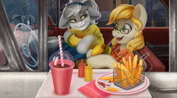 Size: 3487x1927 | Tagged: safe, artist:amishy, oc, oc:bandy cyoot, oc:jerry alton, species:earth pony, species:pony, basket, burger, car, car hop tray, clothing, coca-cola, date, diner, door, door handle, ear fluff, eyelashes, food, ford, ford galaxie, french fries, ginger hair, glasses, golden eyes, green eyes, hairband, hamburger, hamburger bun, ketchup, lettuce, mustard, napkin, pants, plaid, plate, ponytail, raccoon pony, rain, raised eyebrow, saddle oxfords, sauce, seat, shoes, skirt, smiling, sock hop, steering wheel, straw, striped hair, surprised, sweater, tail, teeth, tomato, window
