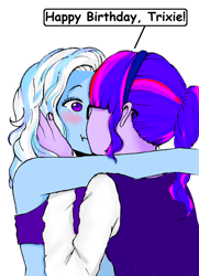 Size: 1222x1688 | Tagged: safe, artist:starwantrix, edit, character:trixie, character:twilight sparkle, character:twilight sparkle (scitwi), species:eqg human, ship:twixie, my little pony:equestria girls, female, kissing, lesbian, sci-twixie, shipping, trixie day