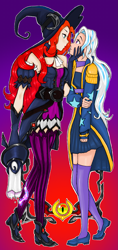 Size: 941x2000 | Tagged: safe, artist:starwantrix, character:trixie, species:human, my little pony:equestria girls, candle, crossover, crossover shipping, cute, diatrixes, female, halloween, holiday, league of legends, lesbian, magician outfit, miss fortune (league of legends), sarah fortune, shipping, wingding eyes, witch, wizard