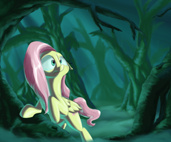 Size: 2400x2000 | Tagged: safe, artist:rocket-lawnchair, character:fluttershy, species:pegasus, species:pony, female, fog, forest, mare, mismatched eyes, scared, scenery, solo