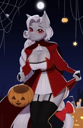 Size: 827x1280 | Tagged: safe, artist:pewas, oc, oc only, oc:myxine, species:anthro, species:earth pony, species:pony, breasts, cleavage, clothing, costume, female, halloween, holiday, mare, moon, night, pumpkin, solo, spider web, vampire