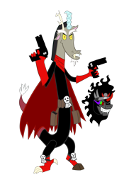 Size: 2409x3435 | Tagged: safe, artist:jewelsfriend, character:discord, character:king sombra, species:draconequus, crossover, dr blood, dr raven darktalon blood, gun, penny arcade