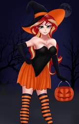 Size: 1417x2202 | Tagged: safe, artist:anonix123, character:sunset shimmer, species:human, armpits, bare shoulders, breasts, busty sunset shimmer, cleavage, clothing, costume, dead tree, dress, eyeshadow, female, halloween, halloween costume, hat, holiday, humanized, leotard, makeup, miniskirt, pleated skirt, pumpkin bucket, skirt, smiling, socks, solo, strapless, striped socks, thigh highs, tree, witch costume, witch hat