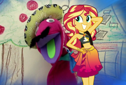 Size: 1028x694 | Tagged: safe, artist:keronianniroro, edit, edited screencap, screencap, character:sunset shimmer, episode:make new friends but keep discord, equestria girls:forgotten friendship, g4, my little pony: equestria girls, my little pony: friendship is magic, my little pony:equestria girls, apple, bikini, bikini top, clothing, crack shipping, facial hair, food, hat, house, midriff, moustache, open mouth, puppet, señor huevos, shipping, swimsuit, tree, window