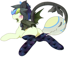 Size: 1285x995 | Tagged: safe, artist:pomrawr, oc, species:bat pony, species:pony, augmented tail, bat pony oc, blushing, clothing, eye clipping through hair, eye scar, hybrid, looking back, lying down, monster pony, original species, piranha plant pony, plant, plant pony, scar, simple background, socks, solo, stockings, tail mouth, thigh highs, transparent background, ych result