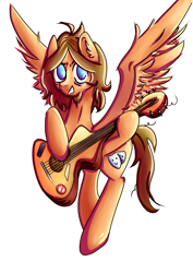 Size: 2837x4000 | Tagged: safe, artist:coco-drillo, oc, oc only, species:pegasus, species:pony, ear fluff, flying, grin, guitar, messy mane, musical instrument, playing instrument, smiling, tired eyes