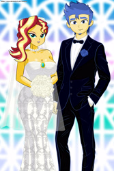 Size: 2250x3375 | Tagged: safe, artist:chuyryu, character:flash sentry, character:sunset shimmer, ship:flashimmer, my little pony:equestria girls, breasts, cleavage, clothing, dress, female, male, marriage, shipping, straight, tuxedo, updated, wedding, wedding dress