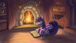 Size: 1920x1080 | Tagged: safe, artist:enderselyatdark, character:twilight sparkle, character:twilight sparkle (unicorn), species:pony, species:unicorn, book, cute, female, fire, fireplace, food, mare, pillow, prone, reading, scenery, smiling, solo, tea