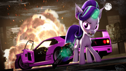 Size: 3840x2160 | Tagged: safe, artist:whiteskyline, character:starlight glimmer, species:bat pony, species:pony, episode:the ending of the end, g4, my little pony: friendship is magic, chainsaw, city, explosion, female, ferrari f40, looking at you, moon, solo, starlight glimmer in places she shouldn't be