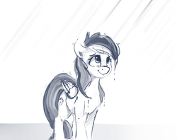 Size: 1280x1012 | Tagged: safe, artist:thefloatingtree, character:rainbow dash, species:pegasus, species:pony, female, folded wings, looking up, mare, monochrome, rain, sketch, smiling, solo, three quarter view, wet mane, wings