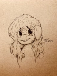 Size: 3024x4032 | Tagged: safe, artist:th3ipodm0n, character:fluttershy, species:pegasus, species:pony, bust, female, floppy ears, folded wings, looking at you, mare, open mouth, portrait, smiling, solo, stray strand, three quarter view, traditional art, wings