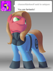 Size: 600x800 | Tagged: safe, artist:crispokefan, oc, oc:pun, species:earth pony, species:pony, ask pun, ask, clothing, cosplay, costume, fantastic four, female, mare, solo