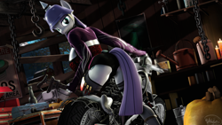 Size: 3840x2160 | Tagged: safe, artist:whiteskyline, character:maud pie, species:anthro, species:earth pony, species:plantigrade anthro, species:pony, 3d, bucket, candle, chains, duct tape, engine, female, helmet, looking at you, moon, motorcycle, not amused face, pumpkin, solo, source filmmaker, tape, toolbox