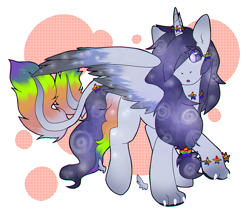 Size: 1369x1170 | Tagged: safe, artist:pomrawr, oc, oc only, species:alicorn, species:pony, abstract background, alicorn oc, eye clipping through hair, original species, paws, rainbow tail, solo, two tails