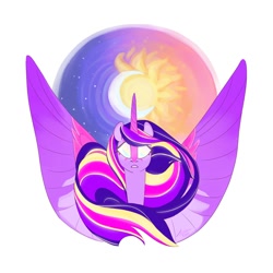 Size: 2000x2000 | Tagged: safe, alternate version, artist:creeate97, character:twilight sparkle, character:twilight sparkle (alicorn), species:alicorn, species:pony, episode:the last problem, g4, my little pony: friendship is magic, bust, female, flowing mane, glowing eyes, mane, mare, moon, older, older twilight, princess twilight 2.0, solo, stars, sun, ultimate twilight
