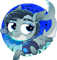 Size: 973x1033 | Tagged: safe, artist:amberpone, oc, oc only, oc:tidal wave, species:pony, blank flank, blue, blue background, blue eyes, commission, digital art, eyebrows, female, fish, fullbody, looking at you, mare, original species, paint tool sai, shading, shark, shark pony, shark tail, simple background, smiling, swimming, tail, transparent background, underwater
