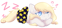 Size: 1901x867 | Tagged: safe, artist:pomrawr, oc, oc only, species:earth pony, species:pony, blanket, confused, earth pony oc, eye clipping through hair, one eye closed, onomatopoeia, prone, question mark, sleepy, solo, sound effects, tired, wink, zzz