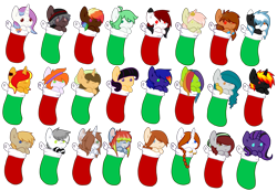 Size: 3083x2131 | Tagged: safe, artist:pomrawr, oc, oc only, species:earth pony, species:pegasus, species:pony, species:unicorn, braid, chibi, christmas, christmas stocking, clothing, earth pony oc, female, hat, holiday, horn, male, mare, micro, pegasus oc, simple background, stallion, transparent background, unicorn oc, wings