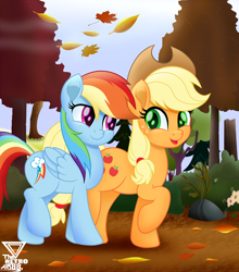 Size: 2400x2727 | Tagged: safe, artist:theretroart88, character:applejack, character:rainbow dash, species:earth pony, species:pegasus, species:pony, episode:fall weather friends, g4, my little pony: friendship is magic, applejack's hat, autumn, clothing, cowboy hat, cute, dashabetes, duo, female, hat, high res, jackabetes, leaves, looking at each other, mare, movie accurate, one leg raised, open mouth, raised hoof, smiling, stetson