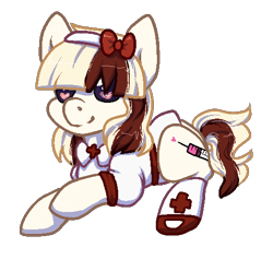 Size: 499x474 | Tagged: safe, artist:pomrawr, oc, oc only, oc:sophia, species:earth pony, species:pony, bow, clothing, commission, earth pony oc, hair bow, heart eyes, needle, prone, simple background, solo, syringe, transparent background, wingding eyes