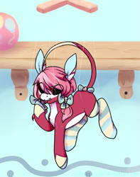 Size: 1093x1388 | Tagged: safe, artist:pomrawr, oc, oc only, species:earth pony, species:pony, bow, clothing, earth pony oc, eye clipping through hair, leonine tail, marionette, socks, solo, striped socks, tail bow