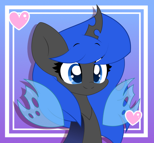 Size: 600x560 | Tagged: safe, artist:hungrysohma, part of a set, oc, oc only, oc:blue visions, species:changeling, animated, blue changeling, bust, changeling oc, commission, female, floating heart, floating wings, gif, heart, loop, portrait, solo, wings, ych result