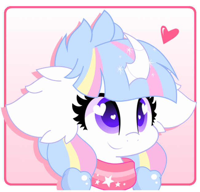 Size: 650x625 | Tagged: safe, artist:hungrysohma, part of a set, oc, oc only, oc:lorelei, species:pony, species:unicorn, animated, bust, clothing, commission, ear fluff, female, floating heart, gif, heart, loop, mare, portrait, scarf, smiling, solo, ych result