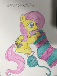 Size: 3024x4032 | Tagged: safe, artist:wolfspiritclan, character:fluttershy, species:pegasus, species:pony, female, idw micro series, knitting, original art, solo, traditional art