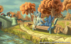 Size: 1449x900 | Tagged: safe, artist:kirillk, oc, oc only, species:pegasus, species:pony, species:unicorn, autumn, bench, bridge, grass, mouth hold, quill, river, scroll, sitting, snacks, spread wings, tree, wing hold, wings