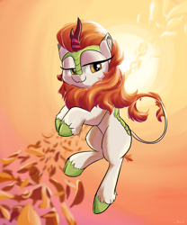 Size: 2000x2400 | Tagged: safe, artist:rocket-lawnchair, character:autumn blaze, species:kirin, :3, backlighting, cloven hooves, female, leaves, lidded eyes, looking at you, smiling, solo, sun