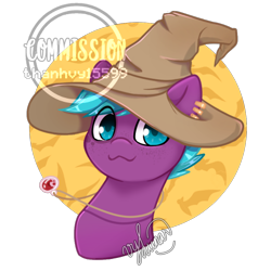 Size: 474x474 | Tagged: safe, artist:thanhvy15599, oc, oc only, oc:starfly, species:pegasus, species:pony, blue eyes, blue hair, bust, clothing, hat, jewelry, necklace, pegasus oc, purple, witch, witch hat, ych result, your character here