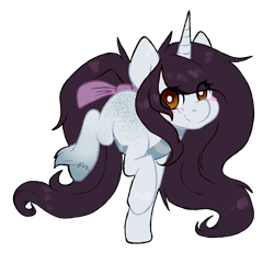 Size: 1794x1657 | Tagged: safe, artist:pomrawr, oc, oc only, species:pony, species:unicorn, blushing, body freckles, bow, eye clipping through hair, female, freckles, hoof fluff, horn, mare, simple background, solo, tail bow, transparent background, unicorn oc, unshorn fetlocks
