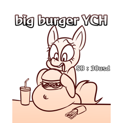 Size: 2500x2500 | Tagged: safe, artist:metalface069, species:alicorn, species:earth pony, species:pegasus, species:pony, species:unicorn, belly, belly button, big belly, burger, commission, drink, eating, fat, food, french fries, gut rest, meat, ponies eating meat, your character here