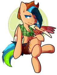 Size: 714x943 | Tagged: safe, artist:pomrawr, species:pegasus, species:pony, clothing, cowboy hat, crossed legs, hat, one eye closed, pants, simple background, solo, straw in mouth, transparent background, wink