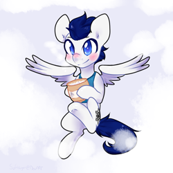 Size: 1000x1000 | Tagged: safe, artist:pomrawr, oc, oc only, species:pegasus, species:pony, blushing, clothing, jar, male, pegasus oc, simple background, smiling, snow, solo, spread wings, stallion, transparent background, wings