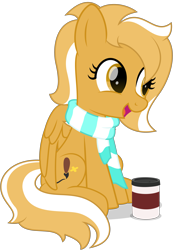 Size: 2785x4025 | Tagged: safe, artist:potato22, oc, oc only, oc:mareota, species:pegasus, species:pony, clothing, coffee, cup, female, mare, scarf, simple background, sitting, smiling, solo, transparent background