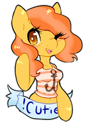 Size: 535x767 | Tagged: safe, artist:pomrawr, oc, oc only, species:anthro, species:pony, arm hooves, banner, breasts, clothing, eye clipping through hair, female, mare, one eye closed, simple background, smiling, solo, text, transparent background, wink