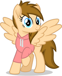 Size: 2494x3041 | Tagged: safe, artist:peahead, derpibooru original, oc, oc only, species:pegasus, species:pony, 2020 community collab, derpibooru community collaboration, blue eyes, clothing, female, hoodie, looking at you, mare, raised hoof, simple background, smiling, solo, transparent background, vector, wings