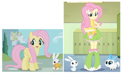 Size: 1104x680 | Tagged: safe, artist:bbbhuey, character:angel bunny, character:fluttershy, episode:the ticket master, equestria girls:equestria girls, g4, my little pony: equestria girls, my little pony: friendship is magic, my little pony:equestria girls, backpack, boots, butterfly, cute, golden ticket, kitten, lockers, looking at you, ponyville, shoes, shyabetes, size comparison