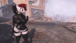 Size: 1360x768 | Tagged: safe, artist:defector, oc, oc:roses band-aid, species:anthro, species:pony, species:unicorn, 3d, anthro oc, clothing, fallout, fallout 4, female, game screencap, milf, pipboy, skintight clothes, socks, solo, thick, thigh highs, video game, weapon, wide hips