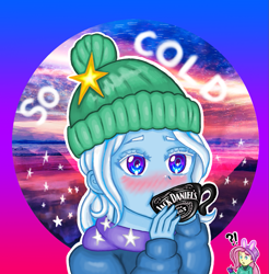 Size: 1055x1071 | Tagged: safe, artist:starwantrix, character:fluttershy, character:trixie, equestria girls:holidays unwrapped, g4, my little pony: equestria girls, my little pony:equestria girls, spoiler:eqg series (season 2), alcohol, blushing, cap, clothing, cold, cup, drunk, drunk trixie, female, hat, jack daniel's, saving pinkie's pie, stars, surprised, teacup, the great and alcoholics trixie, whiskey, wingding eyes, winter hat, winter outfit