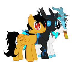 Size: 2076x1726 | Tagged: safe, artist:wheatley r.h., oc, oc only, oc:blizzard flare, oc:rito, oc:w. rhinestone eyes, species:changeling, species:kirin, species:pegasus, species:pony, 2020 community collab, derpibooru community collaboration, automata, bat wings, blue changeling, changeling oc, chocolate bar, choker, female, gray eyes, horn, kirin oc, male, mare, messy tail, one hoof raised, pegasus oc, pegasus wings, red eyes, simple background, spiked choker, stallion, transparent background, two toned mane, vector, wings